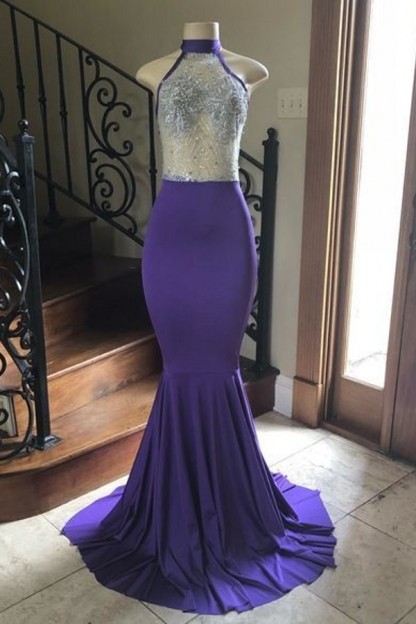 Sexy Long Mermaid High Neck Satin Lace Floor Length Prom Dresses - YESBABYONLINE