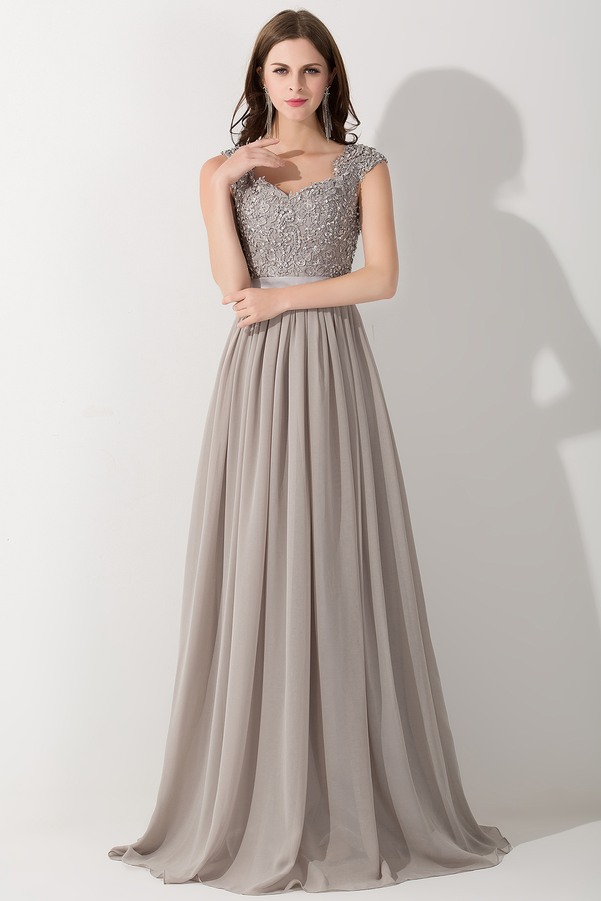 Long A line V Neck Sleeveless Ruffles Floor Length Bridesmaid Dress with Appliques - YESBABYONLINE