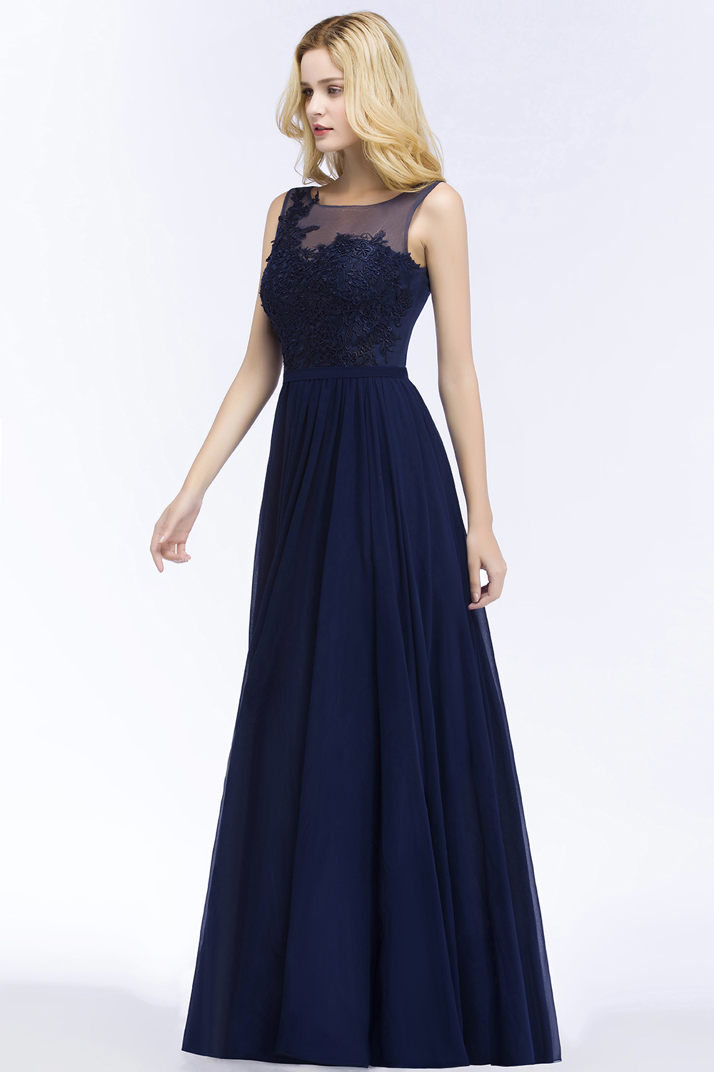 Long A line Appliques Lace Scoop Sleeveless Floor Length Bridesmaid Dresses - YESBABYONLINE