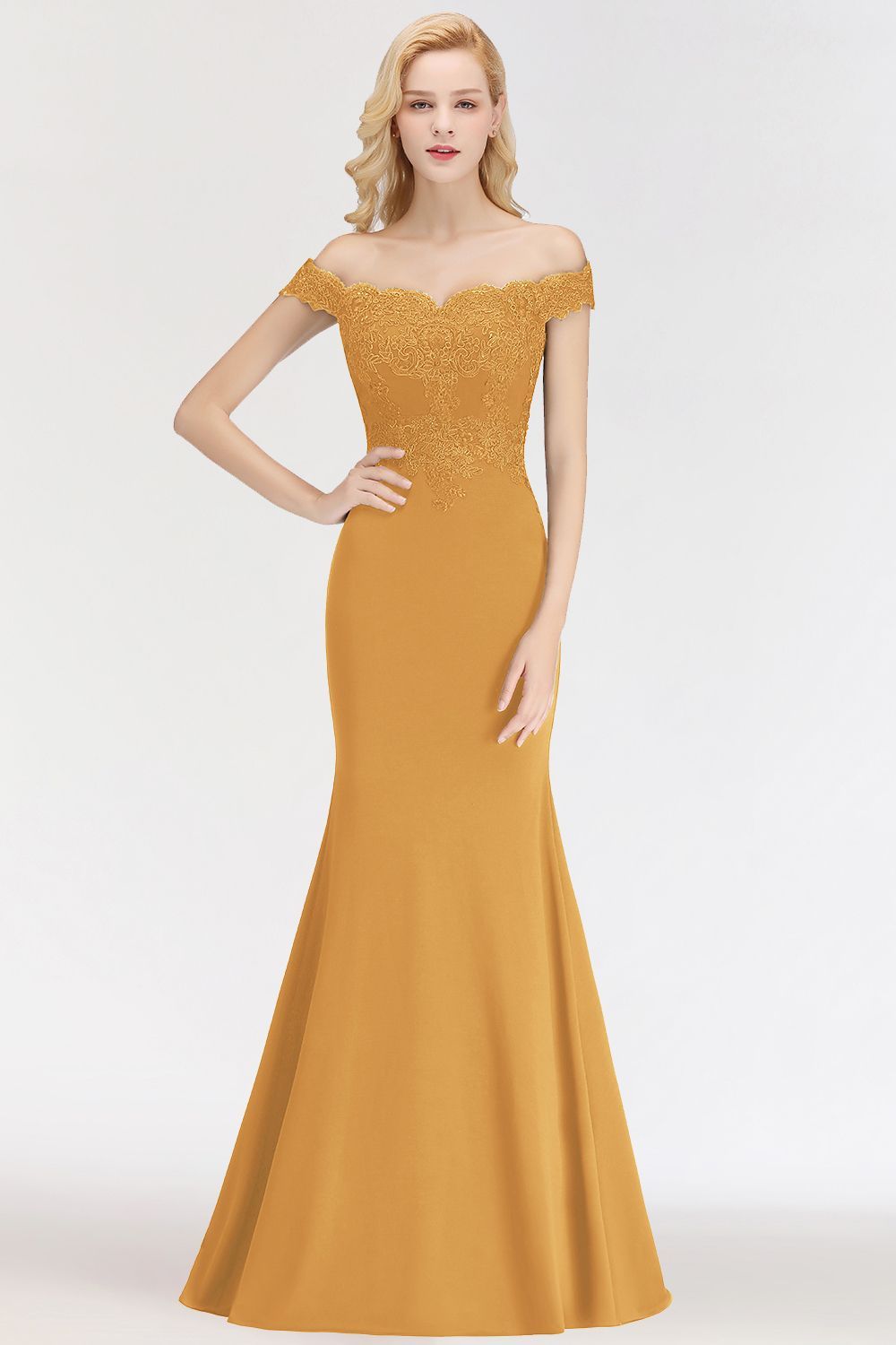 Elegant Long Mermaid Off The Shoulder Satin Appliques Lace Floor Length Bridesmaid Dresses - YESBABYONLINE