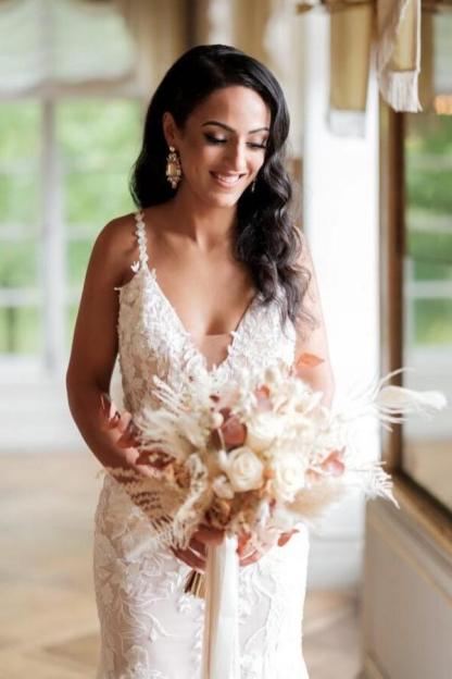 Gorgeous Long Mermaid Sleeveless Spaghetti Straps V Neck Tulle Lace Prom Dresses - YESBABYONLINE