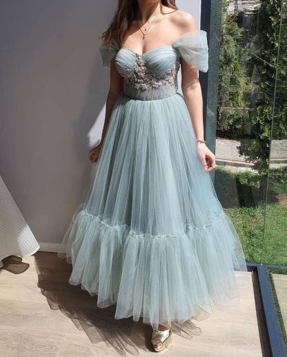 Luxury Long A-line Off The Shoulder Tulle Ruffles Formal Prom Dresses - YESBABYONLINE