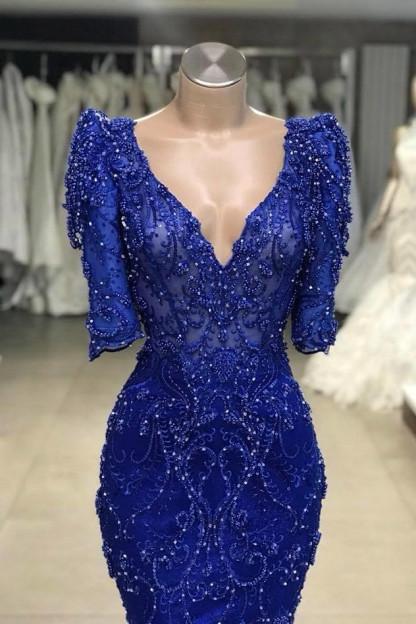 Royal Blue Long Mermaid V-neck Appliques Lace Prom Dresses with Half Sleeves - YESBABYONLINE