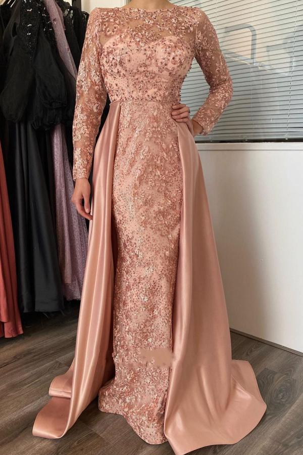 Vintage Long Sleeves Mermaid Satin Appliques Lace Prom Dresses - YESBABYONLINE
