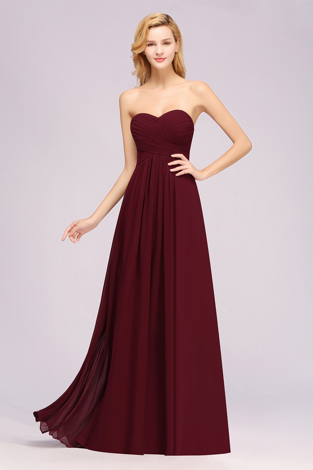 Long A Line Sweetheart Strapless Ruffles Floor Length Chiffon Bridesmaid Dress - YESBABYONLINE