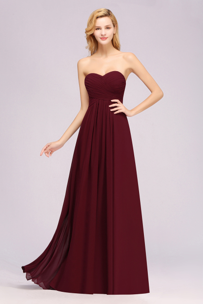 Long A Line Sweetheart Strapless Ruffles Floor Length Chiffon Bridesmaid Dress - YESBABYONLINE