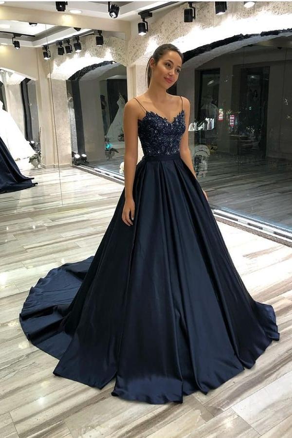Long A-line Spaghetti Straps Appliques Lace Floor-length Ruffles Prom Dress - YESBABYONLINE