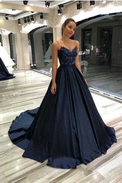 Long A-line Spaghetti Straps Appliques Lace Floor-length Ruffles Prom Dress - YESBABYONLINE