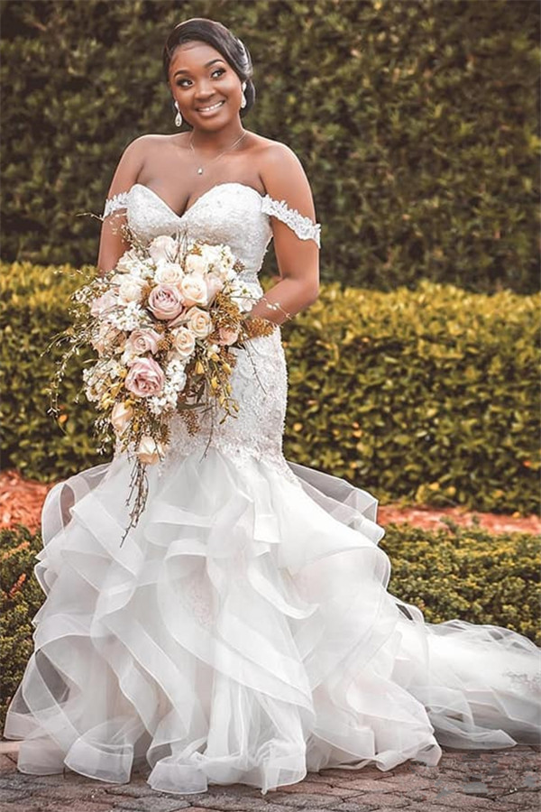 Long Off The Shoulder Sweetheart Applique Lace Ruffles Tulle Mermaid Wedding Dresses - YESBABYONLINE