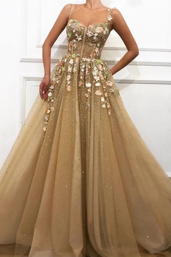 Glamorous Long A-line Spaghetti Straps Flower Sweep Train Prom Dress - YESBABYONLINE