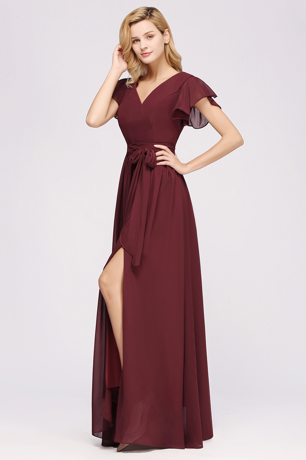 Elegant A-line V-Neck Short Sleeves Floor-Length Bridesmaid Dresses with Bow Sash - YESBABYONLINE