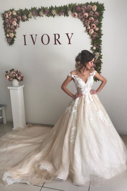 Long A-line Off the Shoulder Backless Applique Lace Tulle Wedding Dresses - YESBABYONLINE