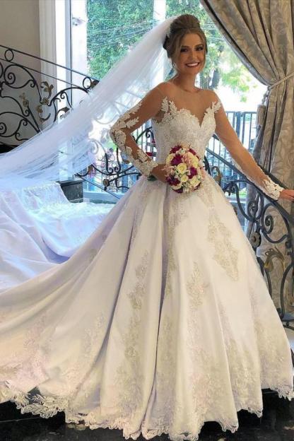 Long Sleeves A-Line Sweetheart Ruffles Wedding Dress with Appliques Lace - YESBABYONLINE