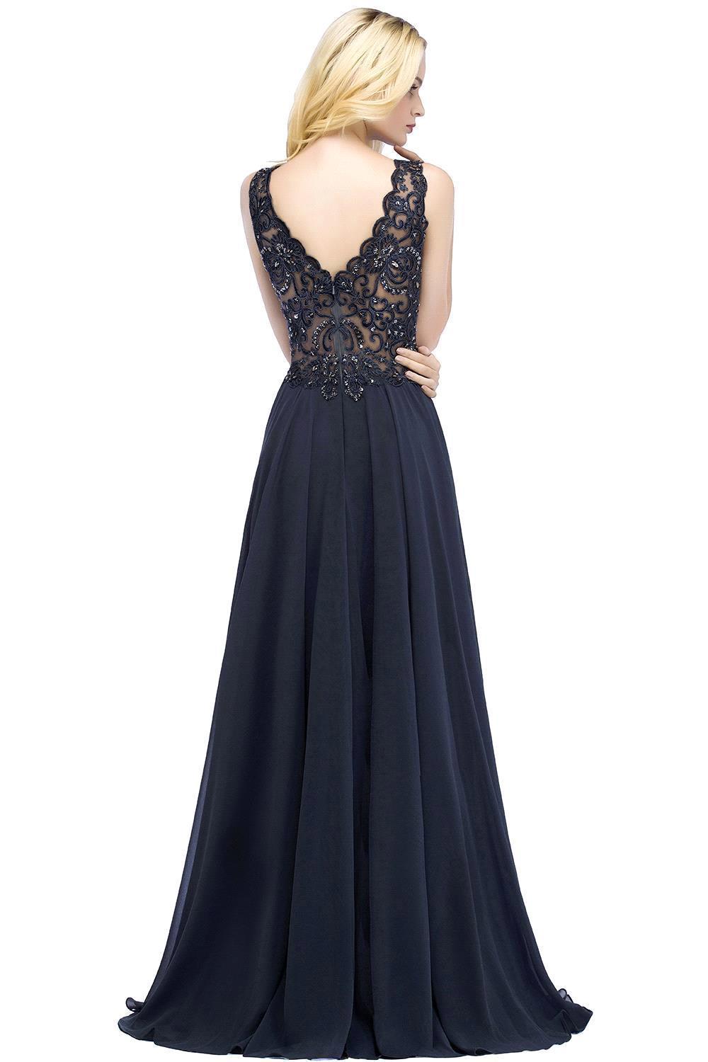 Long A-line Straps V Neck Applique Lace Floor Length Chiffon Bridesmaid Dresses - YESBABYONLINE