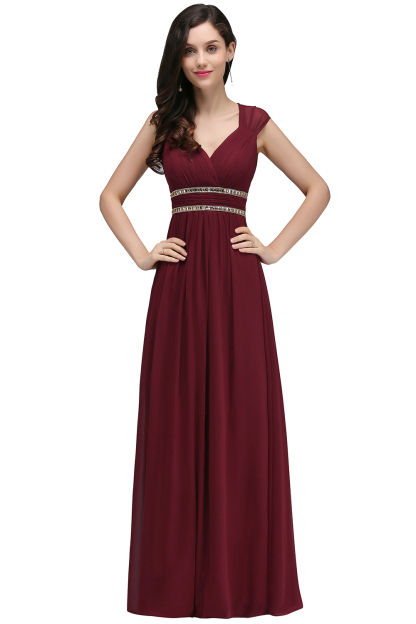 Long A Line V Neck Ruffles Floor Length Chiffon Backless Bridesmaid Dresses - YESBABYONLINE