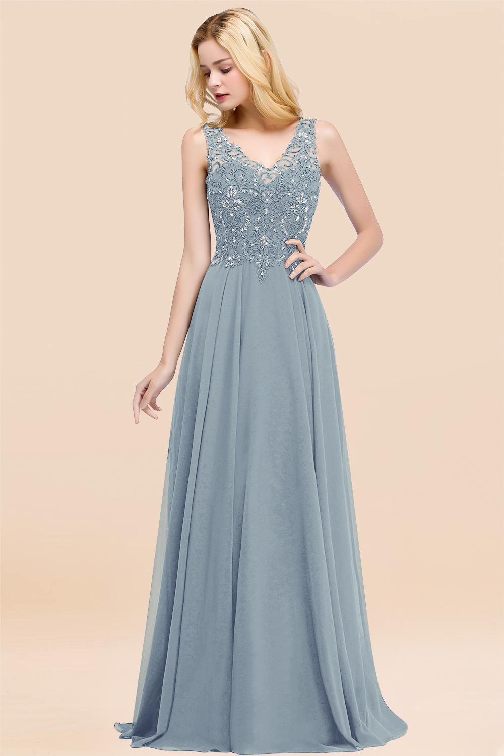 Long A-line Straps V Neck Applique Lace Floor Length Chiffon Bridesmaid Dresses - YESBABYONLINE