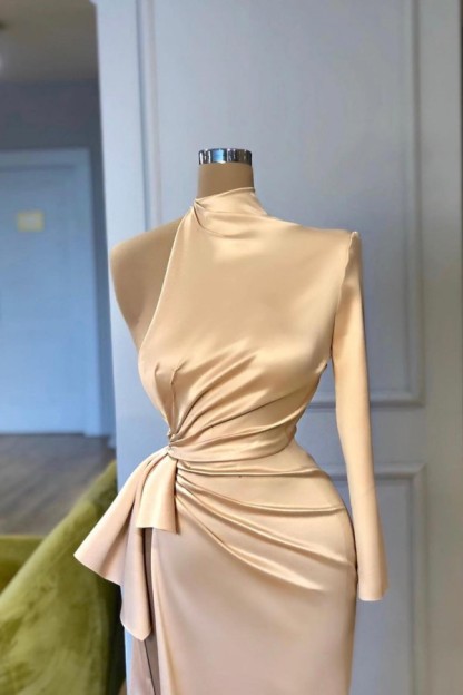 Elegant Long Mermaid High Neck Satin Front Slit Evening Prom Dresses with Sleeves - YESBABYONLINE