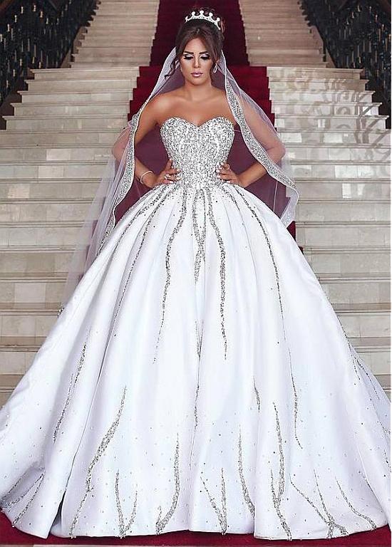 Long Ball Gown Sweetheart Satin Sleeveless Beading Wedding Dresses - YESBABYONLINE