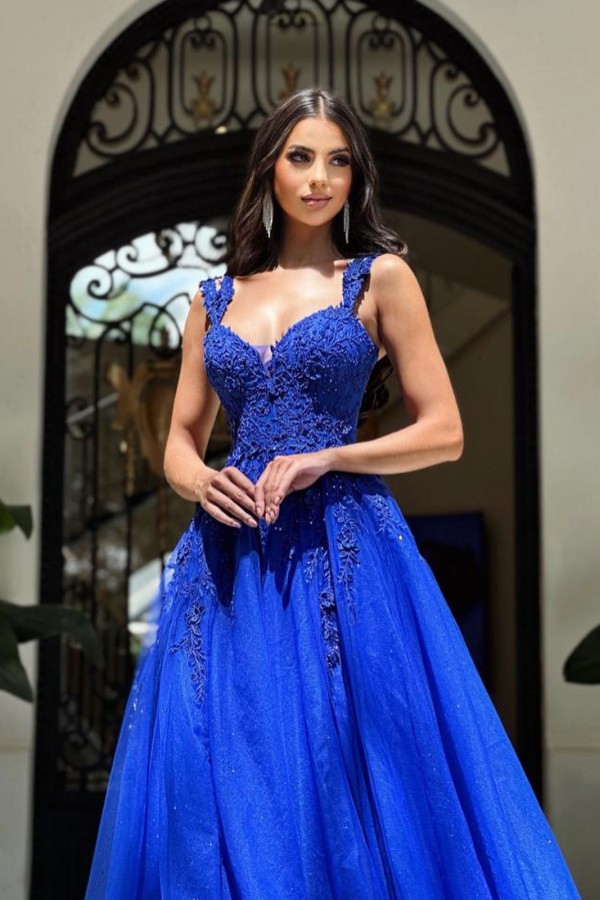 Royal Blue Long A-Line Straps Sleeveless Tulle Prom Dress with Appliques Lace - YESBABYONLINE