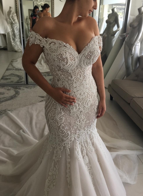 Glamorous Long Off the Shoulder Tulle Beaded Backless Mermaid Wedding Dresses - YESBABYONLINE