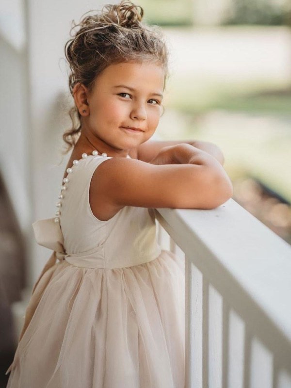 Ivory Satin Tulle Sleeveless Flower Girl Dress Formal Kids Dress for Party - YESBABYONLINE