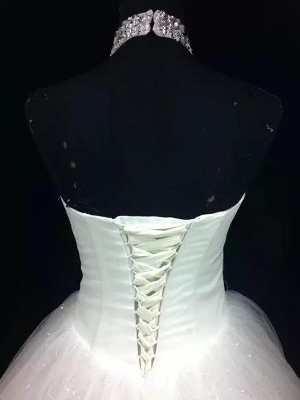 Long Ball Gown Halter Sleeveless Floor-Length Beaded Tulle Backless Wedding Dresses - YESBABYONLINE