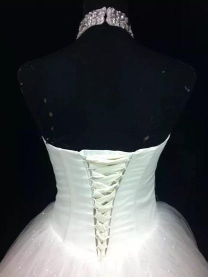 Long Ball Gown Halter Sleeveless Floor-Length Beaded Tulle Backless Wedding Dresses - YESBABYONLINE