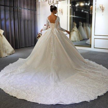 Long Sleeve Sweetheart Appliques Lace A-Line Ruffles Floor-length Wedding Dress - YESBABYONLINE