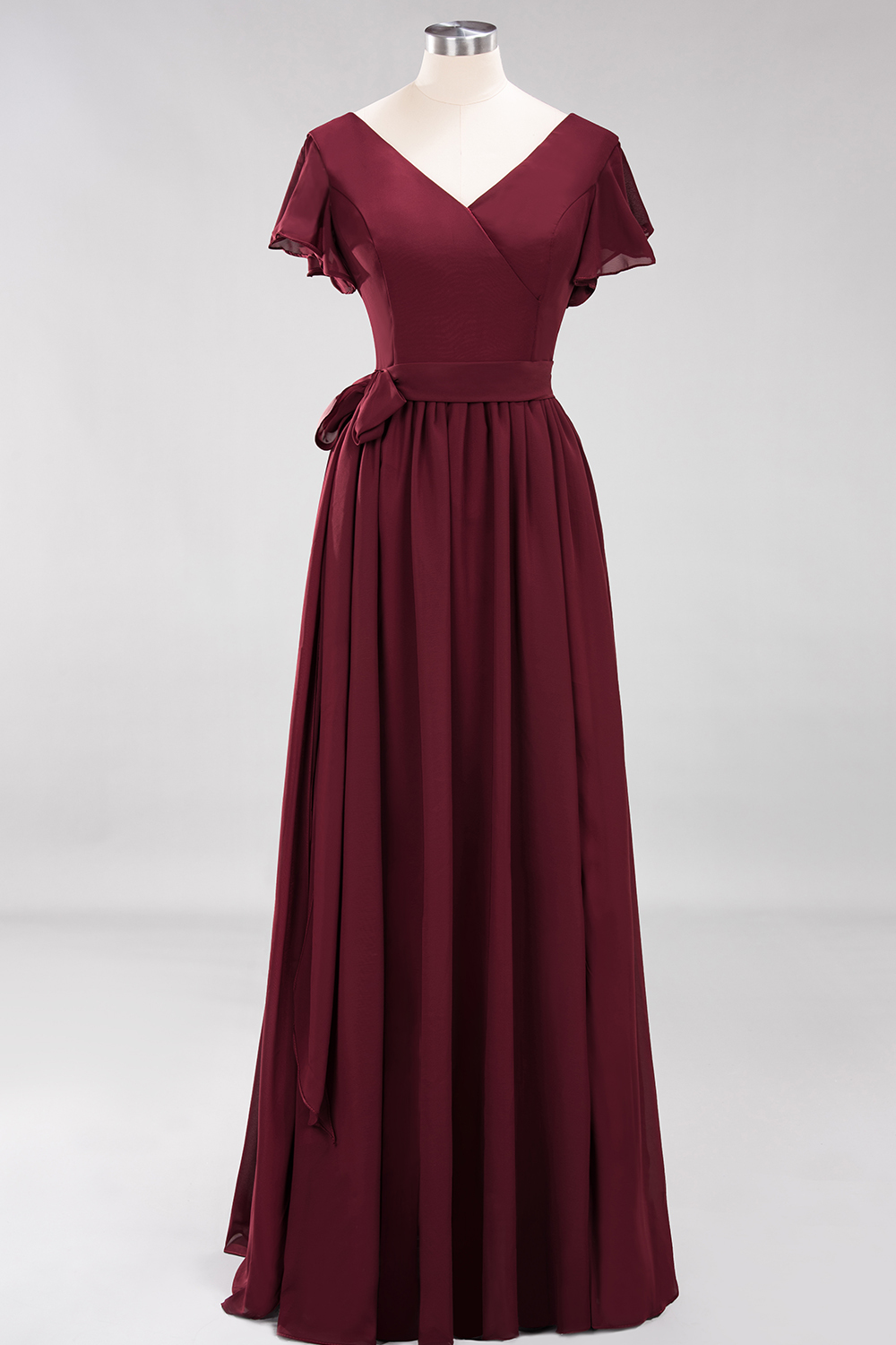 Elegant A-line V-Neck Short Sleeves Floor-Length Bridesmaid Dresses with Bow Sash - YESBABYONLINE