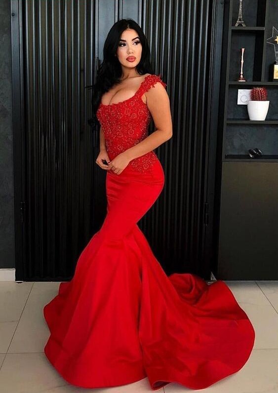 Sexy Red Long Mermaid Straps Satin Prom Dress with Lace Appliques - YESBABYONLINE