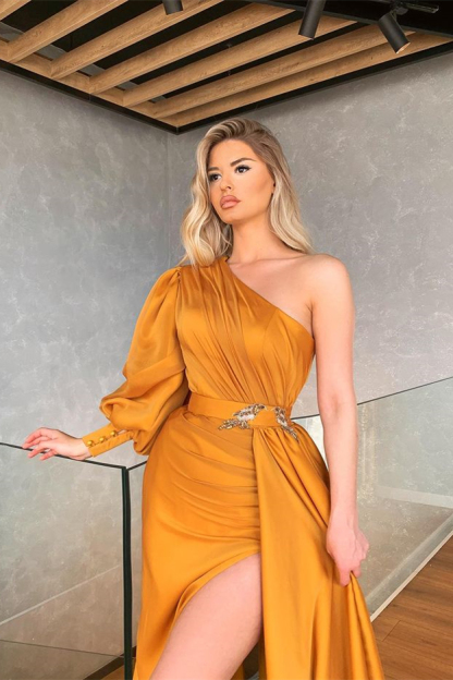 Charming Long Sleeves One Shoulder Satin Mermaid Prom Dresses with Split - YESBABYONLINE