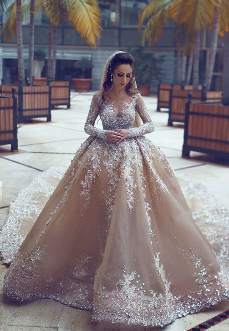 Luxury Long Ball Gown Tulle Lace Wedding Dresses with Sleeves - YESBABYONLINE