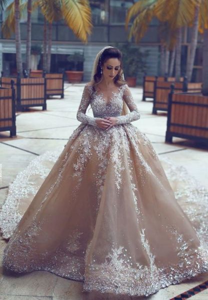 Luxury Long Ball Gown Tulle Lace Wedding Dresses with Sleeves - YESBABYONLINE