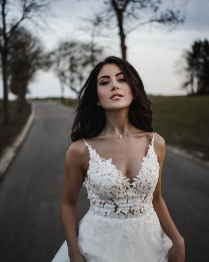 Long A line V-neck Spaghetti Straps Tulle Lace Appliques Backless Wedding Dresses - YESBABYONLINE