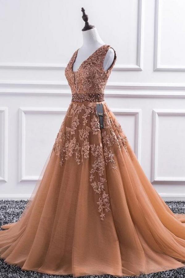 Luxury A-line Sleeveless V Neck Tulle Prom Dresses With Lace Appliques - YESBABYONLINE