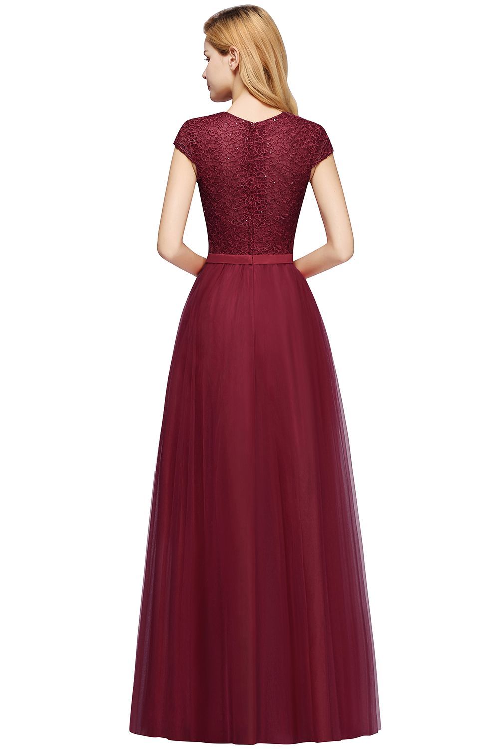 Long A-line Tulle Lace Bridesmaid Dress with Cap Sleeves - YESBABYONLINE