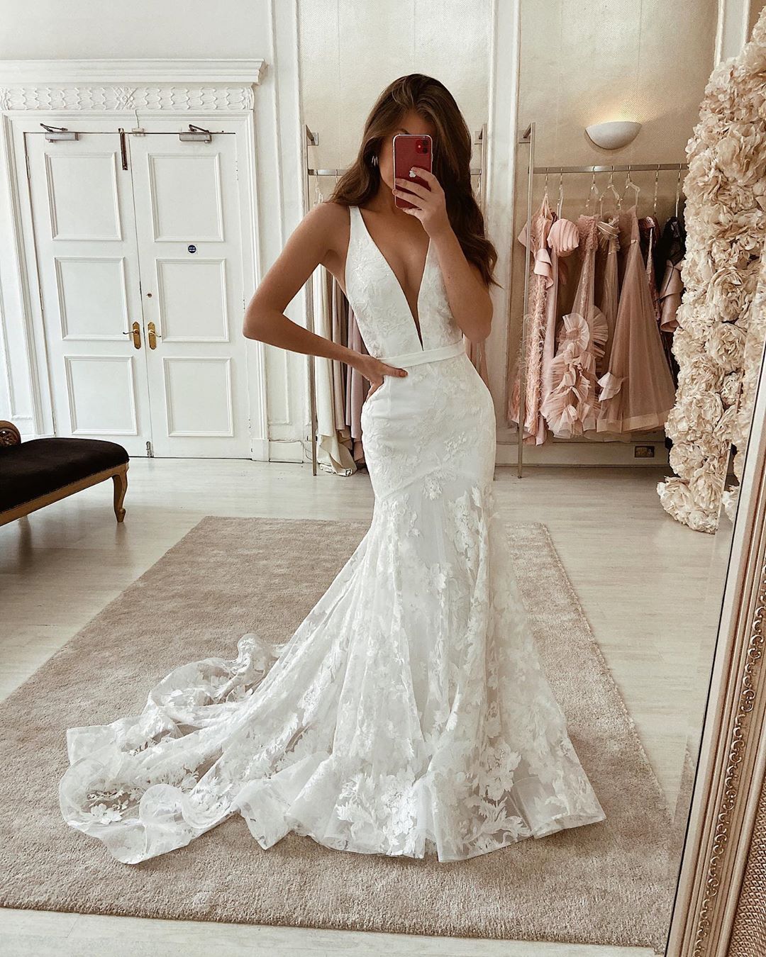 Long Mermaid Straps V Neck Satin Floor length Applique Lace Wedding Dresses - YESBABYONLINE