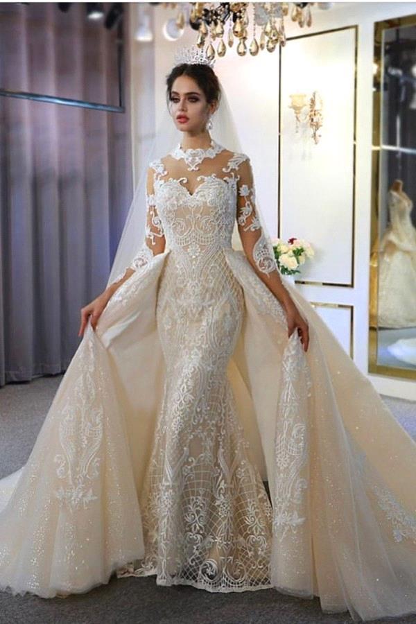 Long Sleeves High Neck Tulle Lace Mermaid Wedding Dresses with Detachable Train - YESBABYONLINE