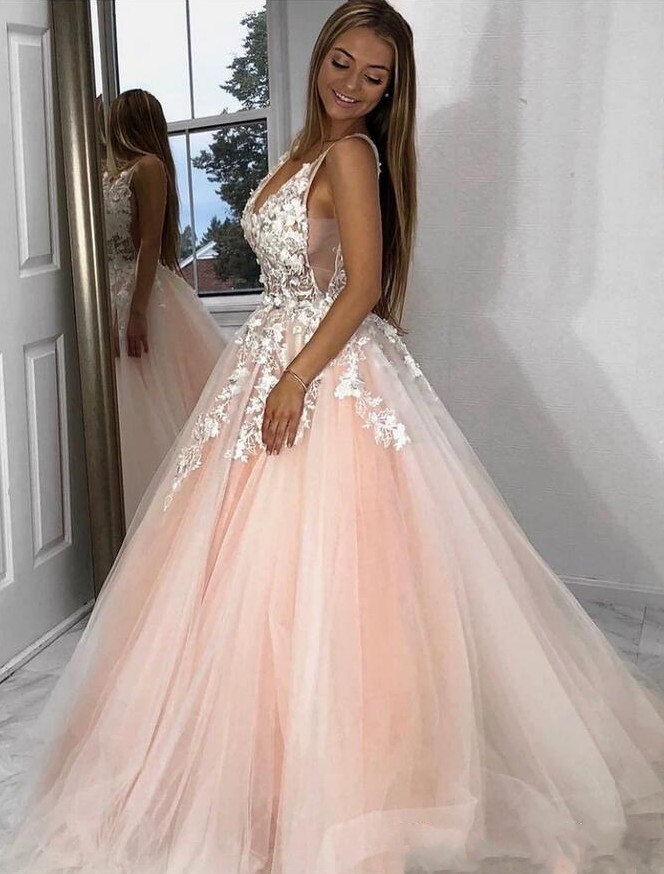 Sexy Long A-line V-Neck Tulle Lace Backless Prom Dress - YESBABYONLINE