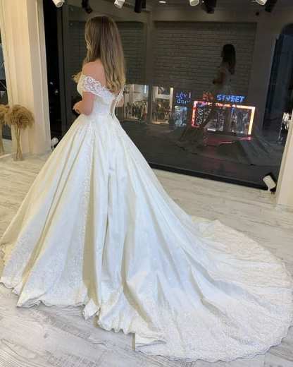 Long A-Line Off the Shoulder Appliques Lace Floor-length Wedding Dress - YESBABYONLINE