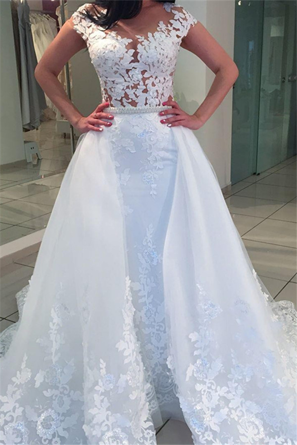White Long Mermaid Sweetheart Lace Tulle Wedding Dresses - YESBABYONLINE