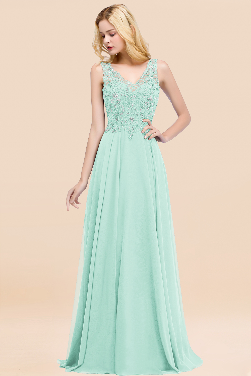 Long A-line Straps V Neck Applique Lace Floor Length Chiffon Bridesmaid Dresses - YESBABYONLINE