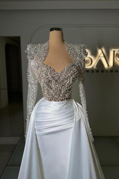Portrait Long Sleeve Mermaid Long Satin Prom Dress with Detachable Train and Rhinestones