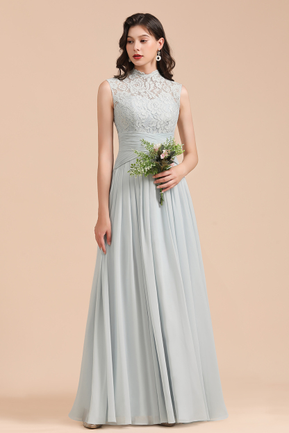 Long A-line High Neck Chiffon Lace Floor Length Bridesmaid Dresses - YESBABYONLINE