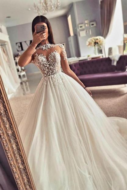 Gorgeous Long Sleeves A-Line High Neck Floor Length Tulle Wedding Dress - YESBABYONLINE