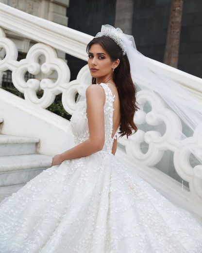 Elegant Long Straps V Neck Backless Tulle Lace Ball Gown Wedding Dresses - YESBABYONLINE