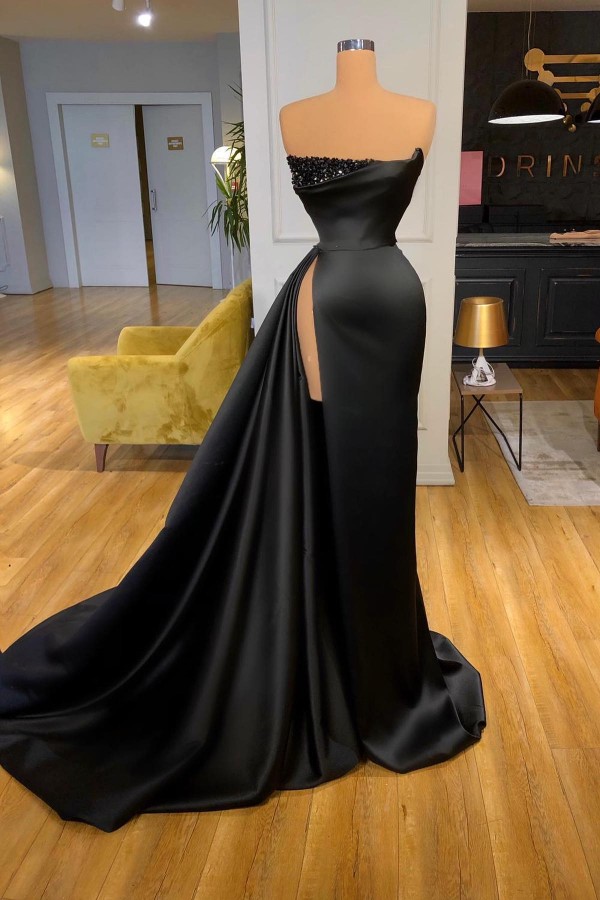 Black Long Strapless Floor Length Mermaid Satin Prom Dress with Ruffles - YESBABYONLINE