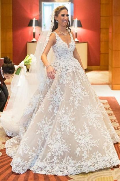 Glamorous Long Sleeveless V Neck A-Line Wedding Dresses With Lace Appliques - YESBABYONLINE