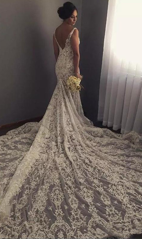 Long Mermaid V-neck Sleeveless Lace Backless Wedding Dresses - YESBABYONLINE