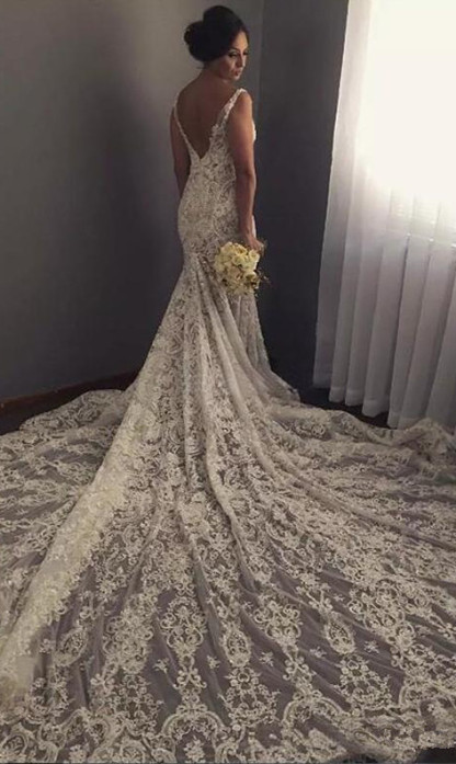 Long Mermaid V-neck Sleeveless Lace Backless Wedding Dresses - YESBABYONLINE